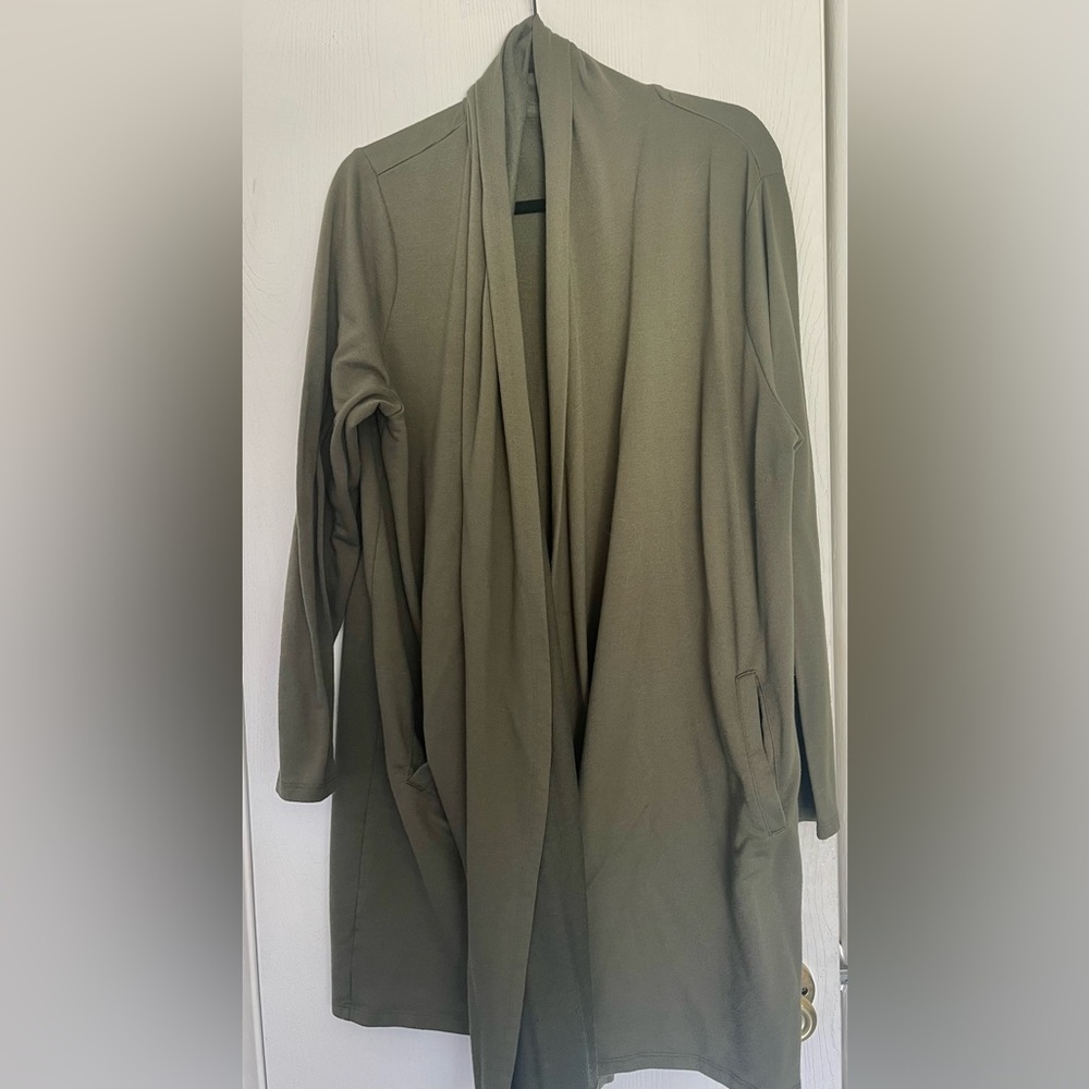olive green long duster cardigan